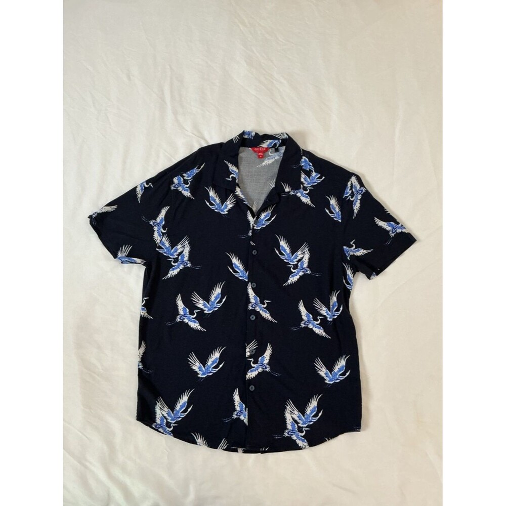 Guess Men’s Navy Blue Crane Print Short-Sleeve Shirt Size-M